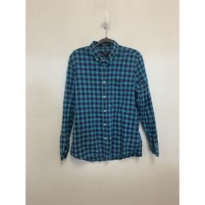 Nordstrom Shirt Mens L Blue Plaid Button Down Trim Fit Linen Cotton Long Sleeve